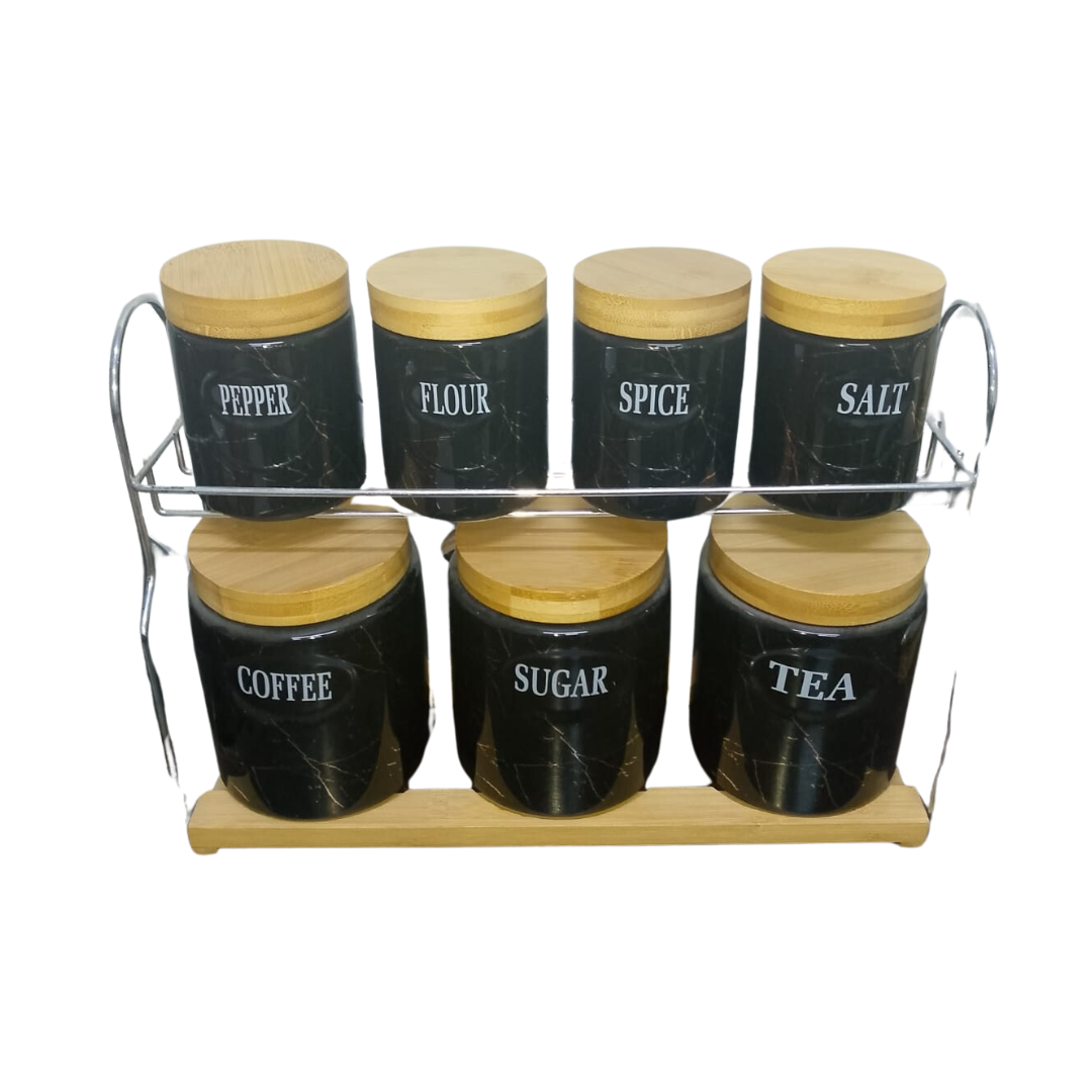 CERAMIC CANISTERS WITH BAMBOO BASE SET OF 7