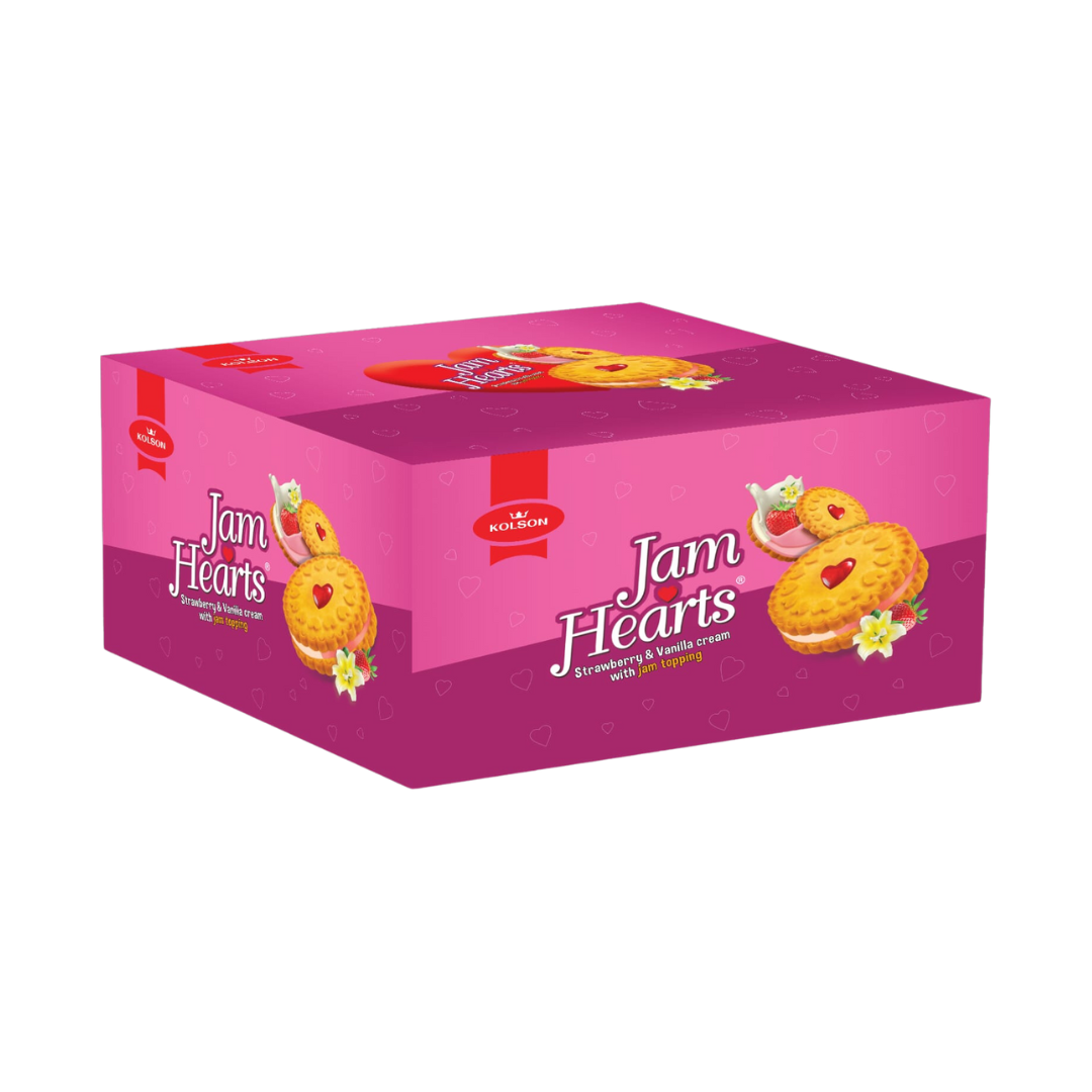 KOLSON JAM HEARTS STRAWBERRY & VANILLA CREAM BISCUIT 26GM 12PCS BOX