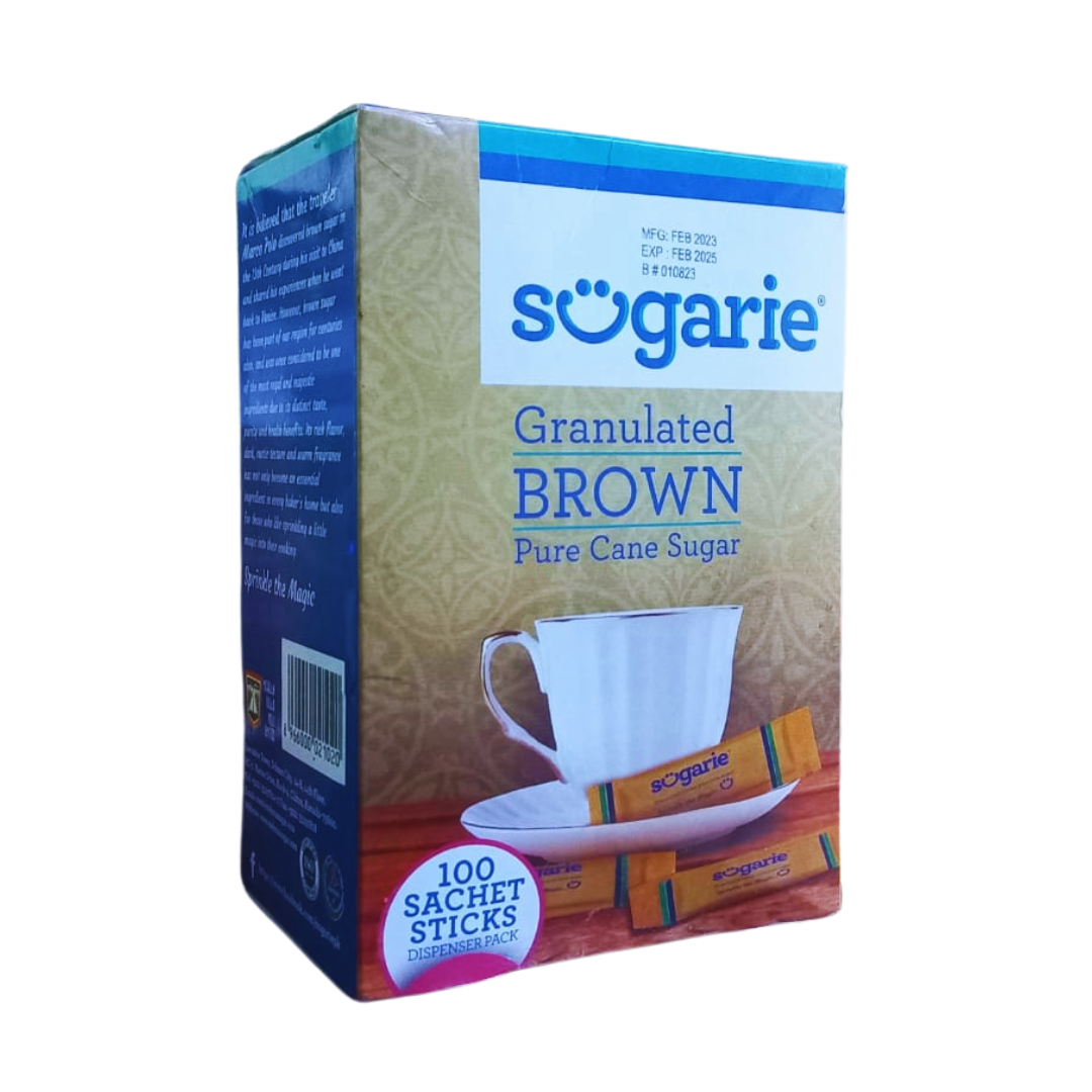 SUGARIE GRANULATED BROWN PURE CANE SUGAR 100 SACHET STICKS BOX