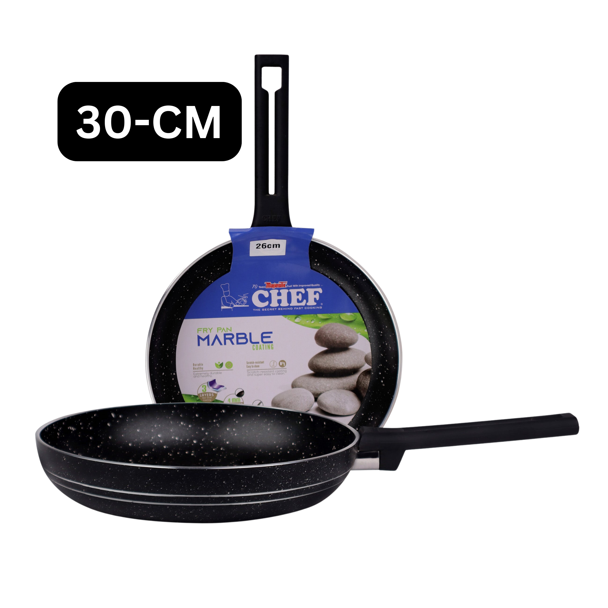 CHEF MAJESTIC ROUND FRY PAN MARBLE COATED, NON STICK, 3 WAYS, 4MM, 30CM.