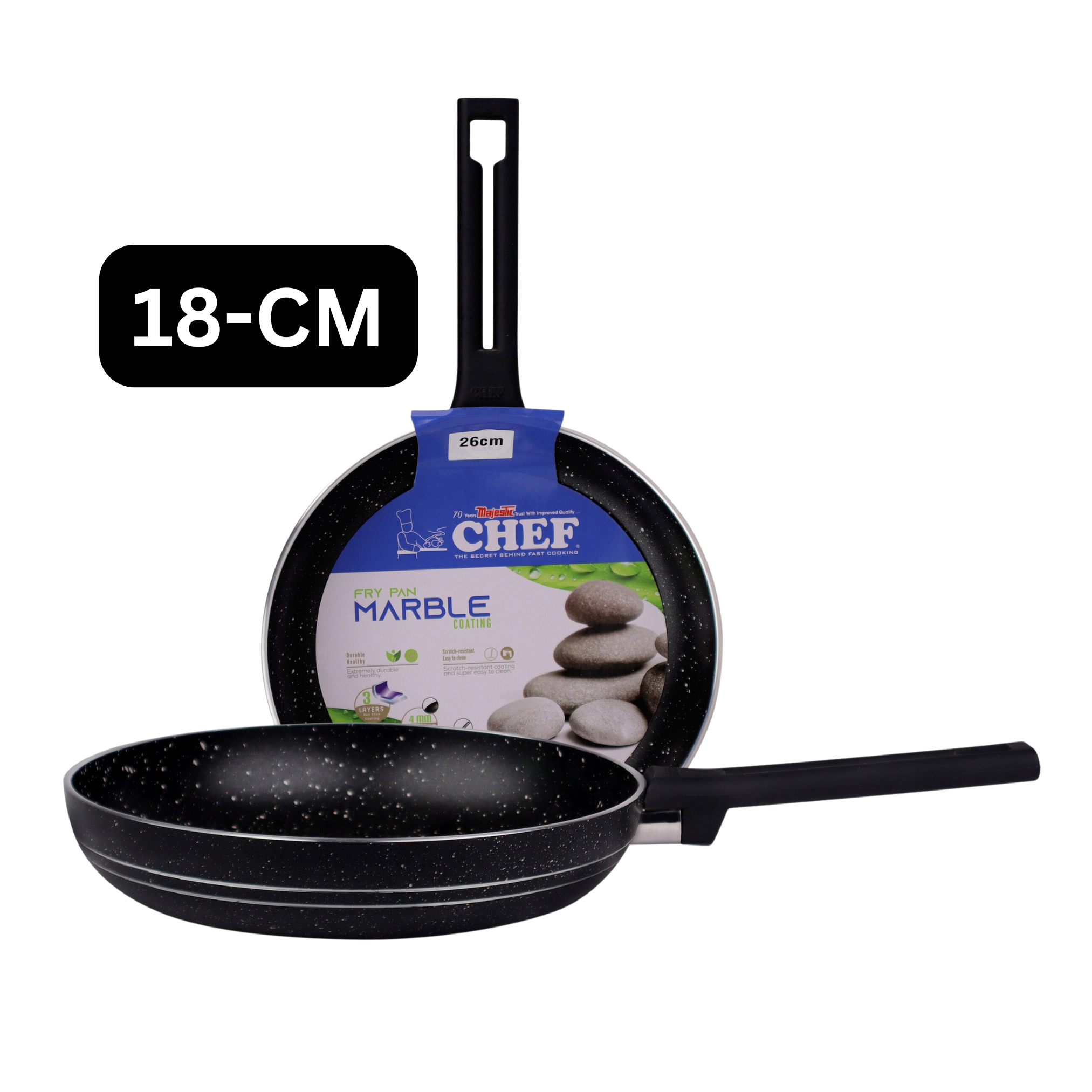 CHEF MAJESTIC ROUND FRY PAN MARBLE COATED, NON STICK, 3 WAYS, 4MM, 18CM