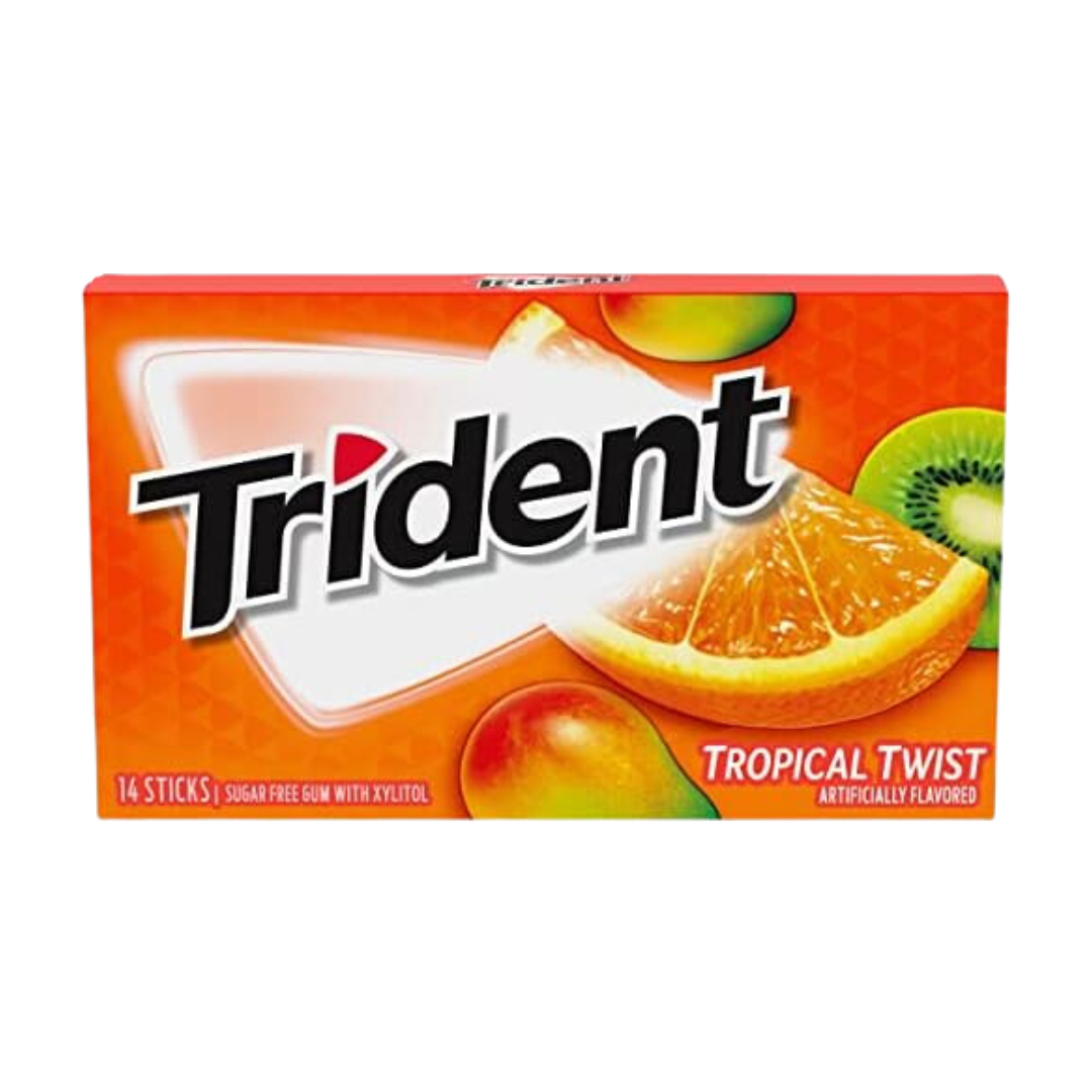 TRIDENT TROPICAL TWIST SUGAR FREE BUBBLE GUM 14-STICKS