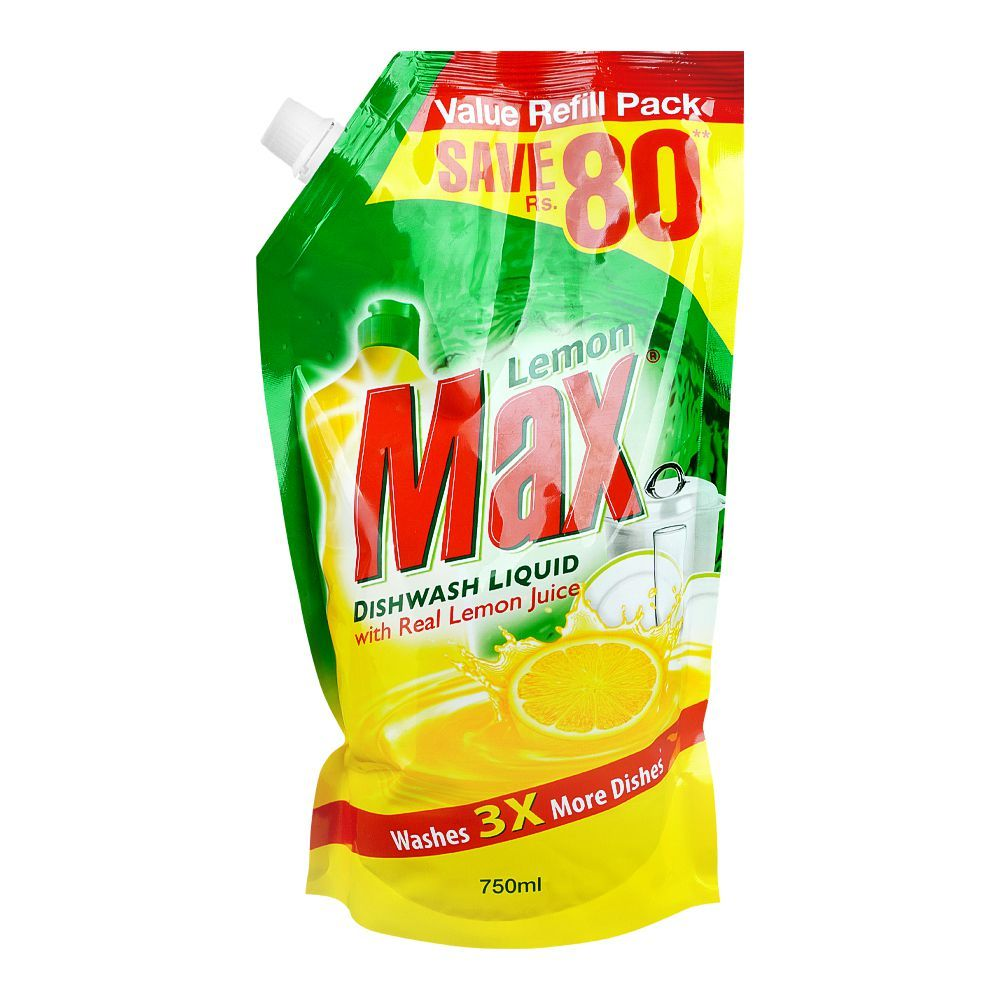 LEMON MAX DISHWASH LIQUID POUCH 750ML