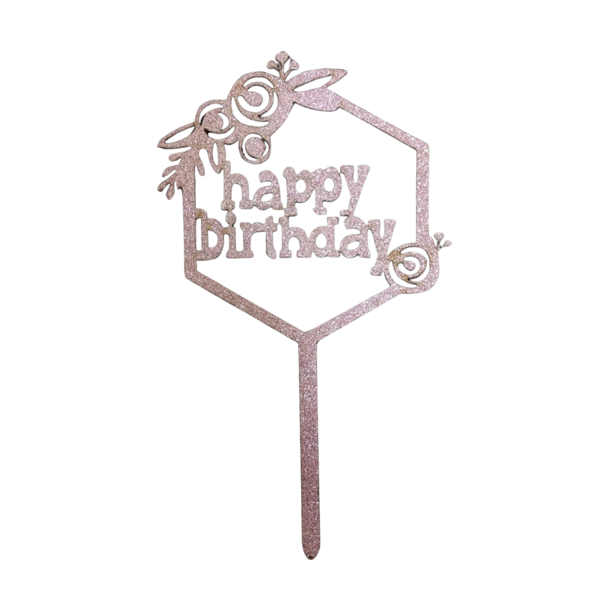 BIRTHDAY CAKE TOPPER WOODEN WITH LIGHT PINK GLITTER