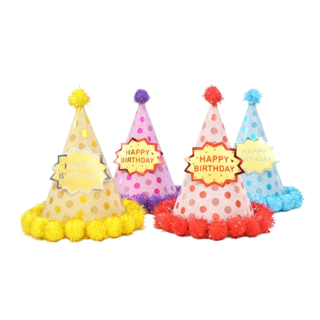 BIRTHDAY PARTY CAP WITH GLITTER POM POM BALLS SMALL