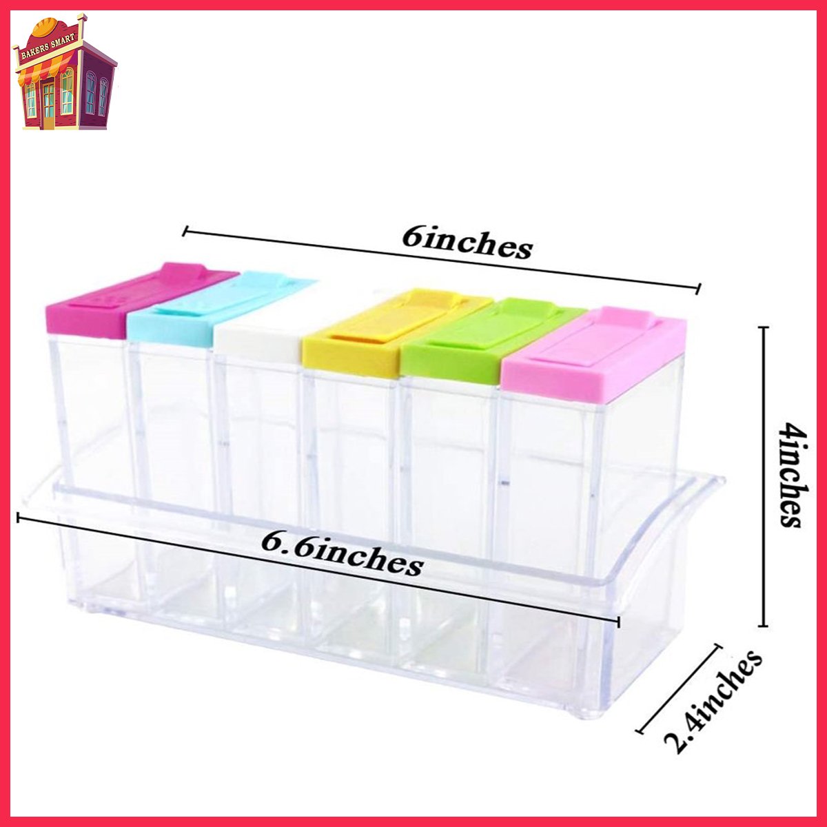 KITCHEN PLASTIC CRYSTAL 6 JARS WITH RACK COLORED LIDS