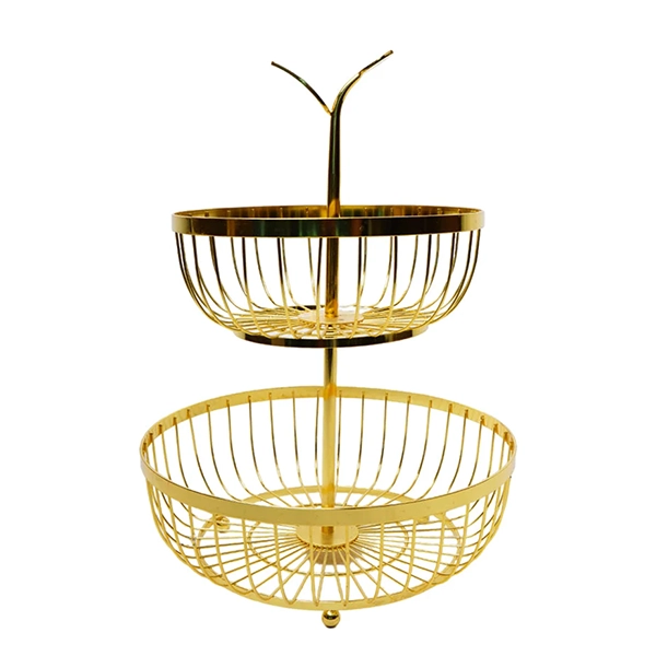 2 TIER METAL GOLDEN ROUND FRUIT BASKET