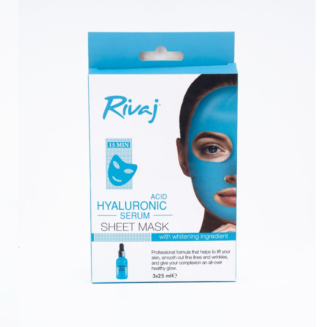 RIVAJ ACID HYALURONIC SERUM SHEET MASK WITH WHITENING INGREDIENTS 3 MASK IN 1 BOX